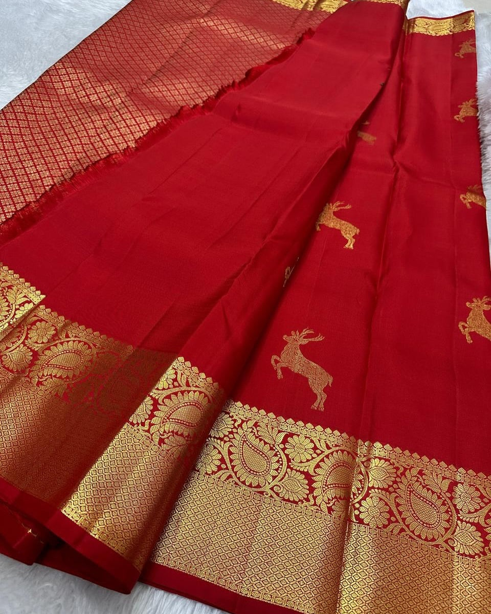 Assemblage Red Soft Banarasi Silk Saree With Delightful Blouse Piece - Surats Fabric