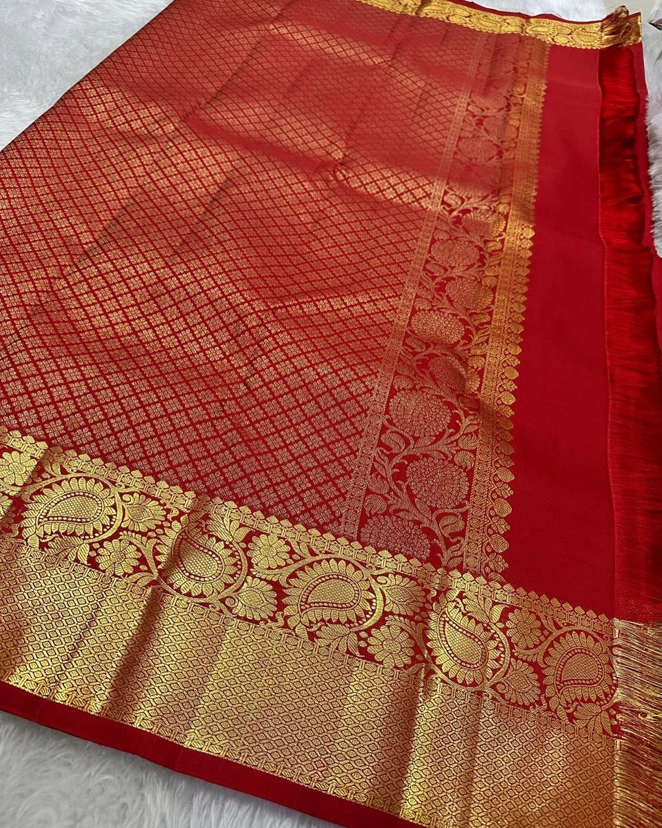 Assemblage Red Soft Banarasi Silk Saree With Delightful Blouse Piece - Surats Fabric