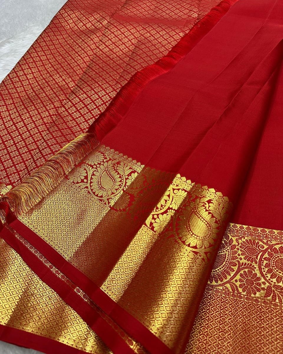 Assemblage Red Soft Banarasi Silk Saree With Delightful Blouse Piece - Surats Fabric