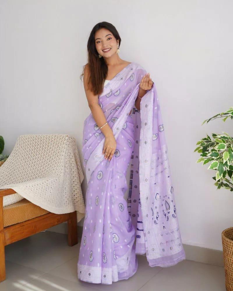 Bucolic Lavender Cotton Silk Saree With Effervescent Blouse Piece - Surats Fabric