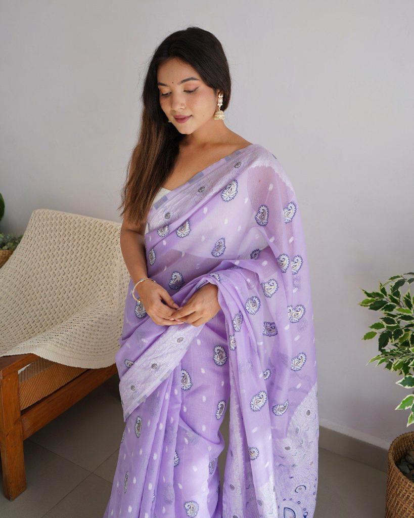 Bucolic Lavender Cotton Silk Saree With Effervescent Blouse Piece - Surats Fabric