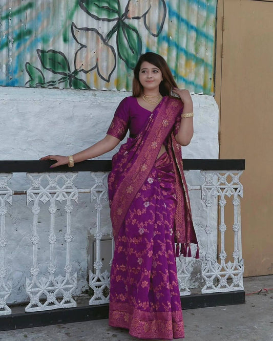 Bewitching Purple Soft Silk Saree With Groovy Blouse Piece - Surats Fabric