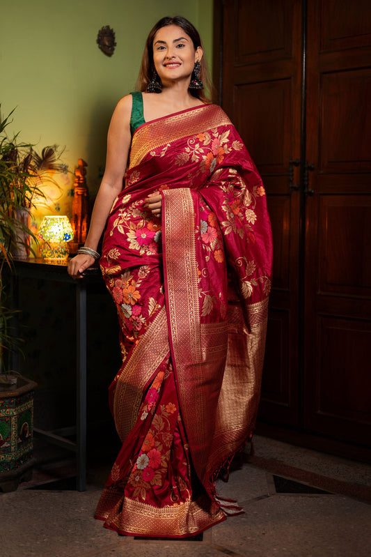 Assemblage Red Soft Banarasi Silk Saree With Dalliance Blouse Piece - Surats Fabric