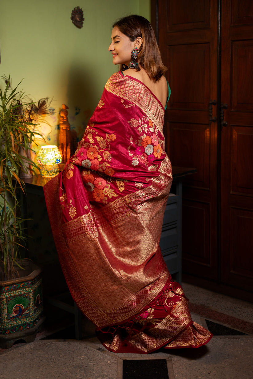 Assemblage Red Soft Banarasi Silk Saree With Dalliance Blouse Piece - Surats Fabric