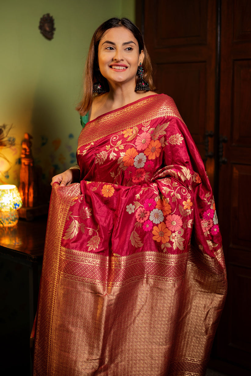 Assemblage Red Soft Banarasi Silk Saree With Dalliance Blouse Piece - Surats Fabric