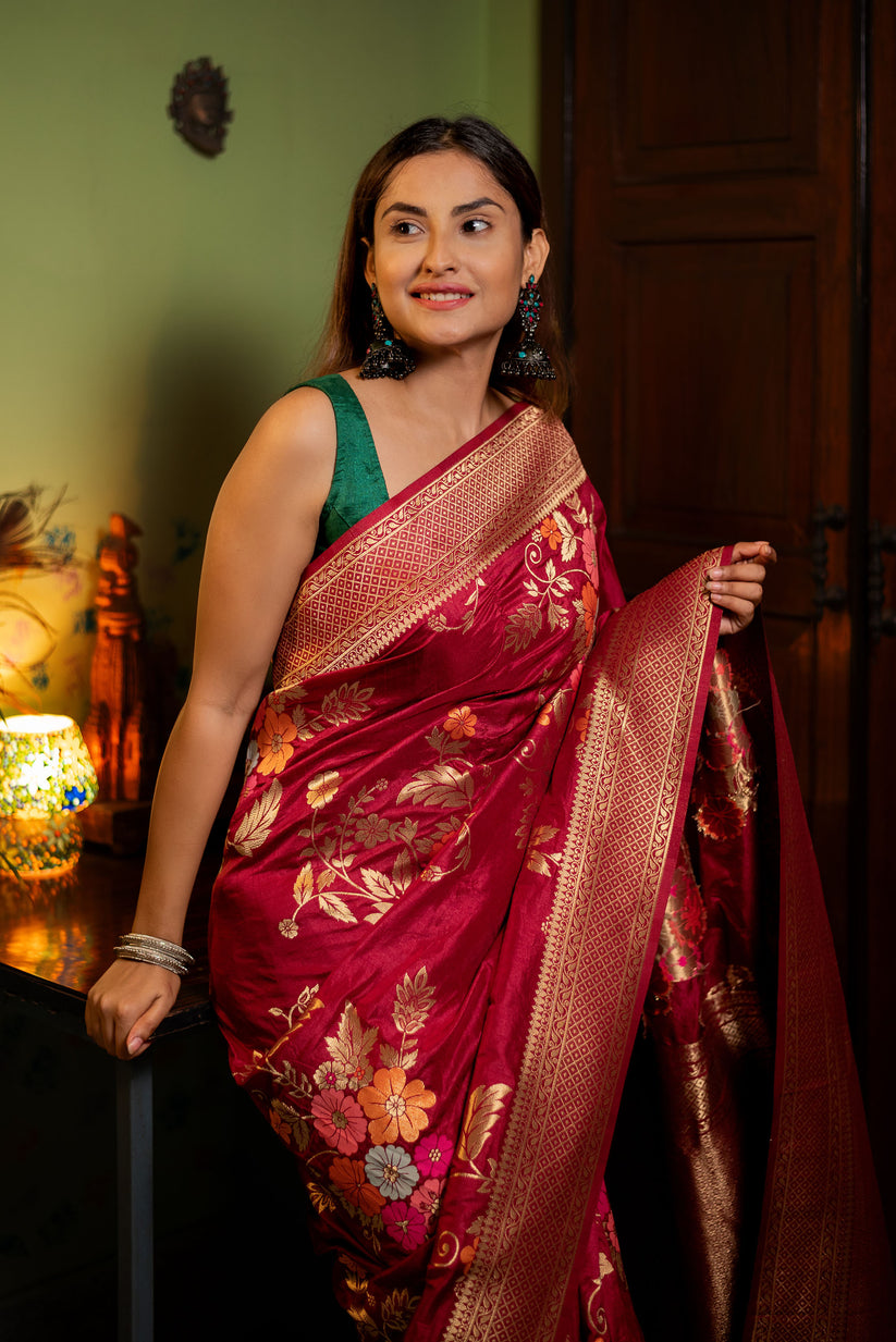 Assemblage Red Soft Banarasi Silk Saree With Dalliance Blouse Piece - Surats Fabric