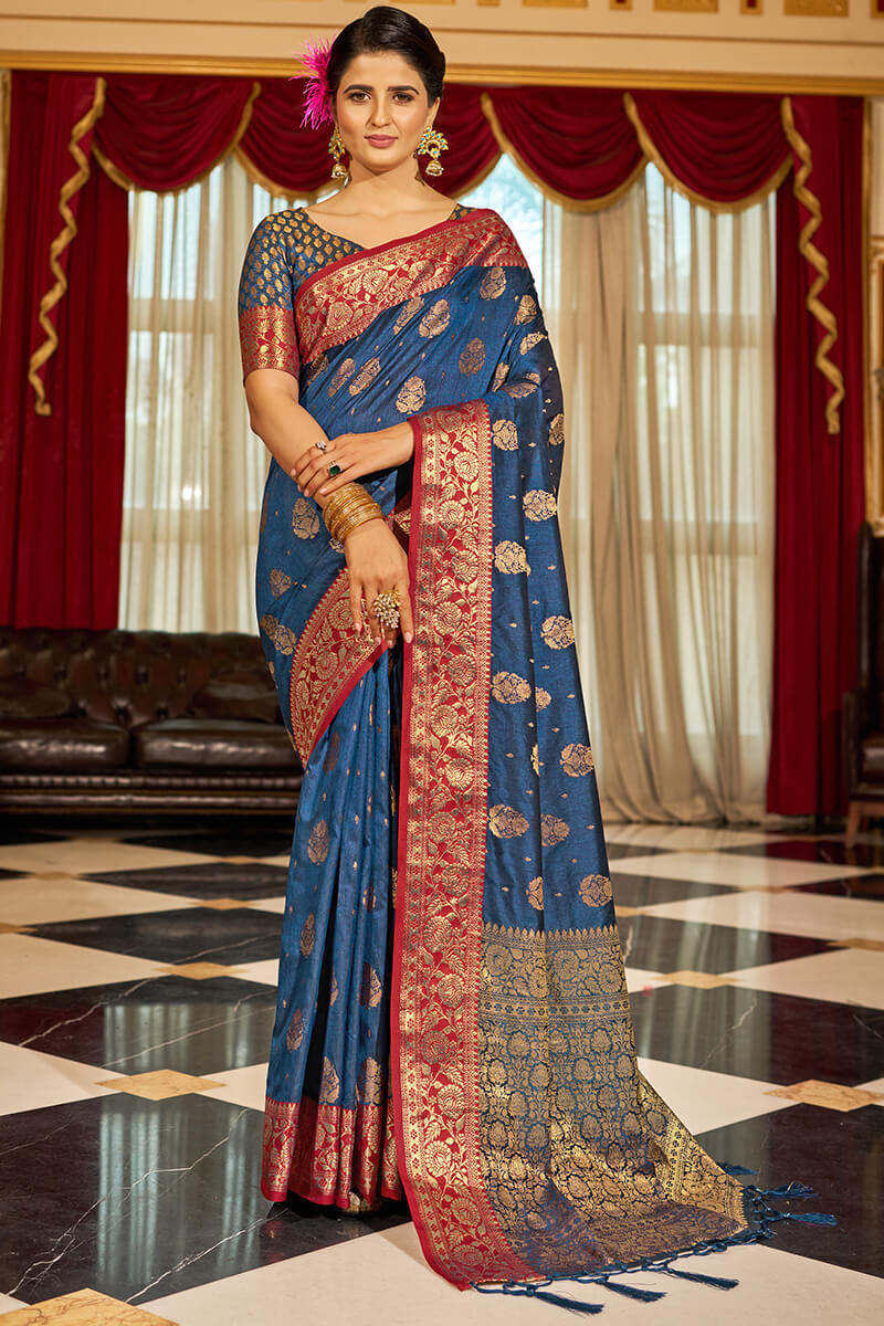 Bucolic Navy Blue Soft Banarasi Silk Saree With Twirling Blouse Piece - Surats Fabric