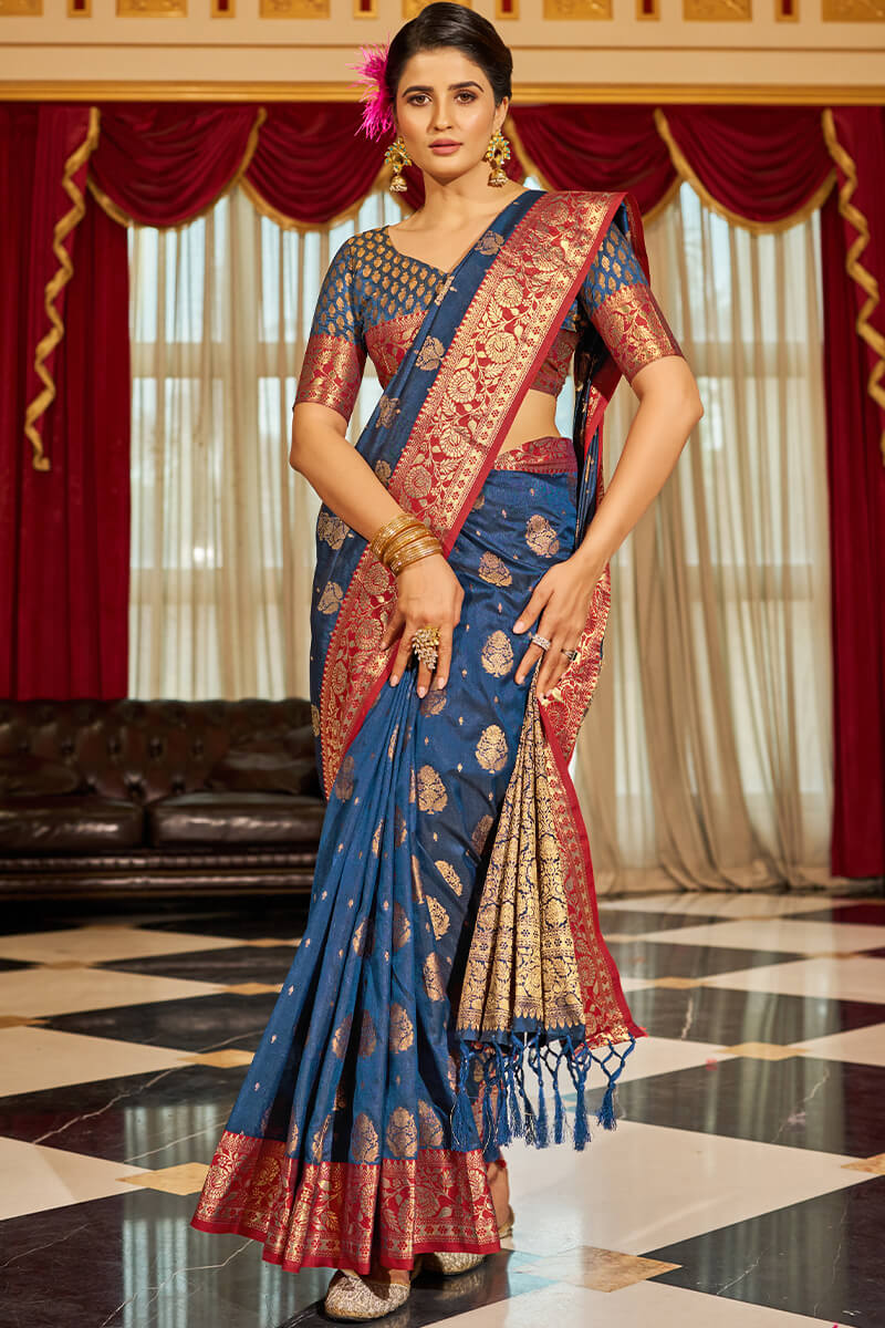 Bucolic Navy Blue Soft Banarasi Silk Saree With Twirling Blouse Piece - Surats Fabric