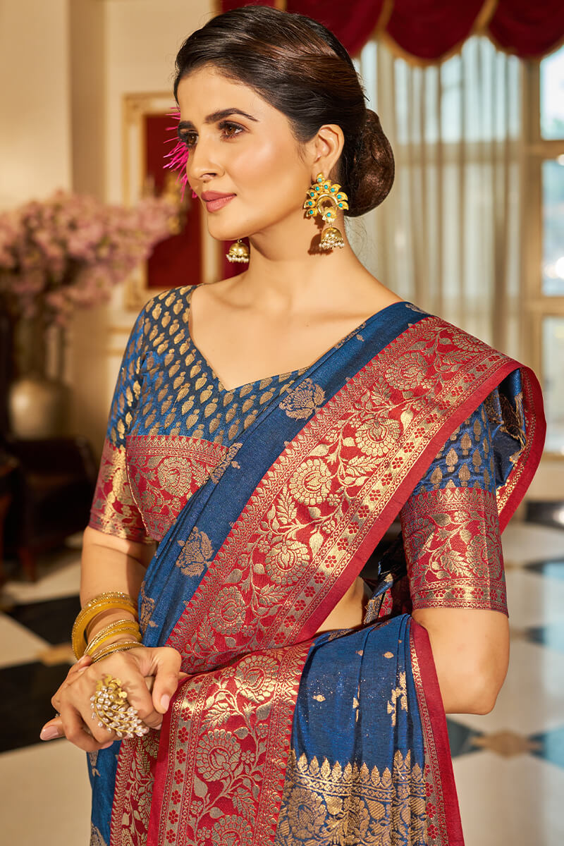 Bucolic Navy Blue Soft Banarasi Silk Saree With Twirling Blouse Piece - Surats Fabric