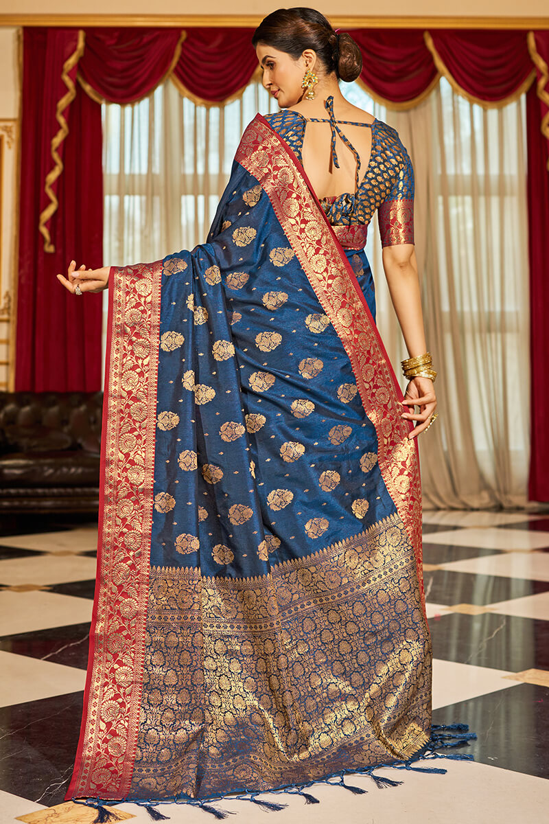 Bucolic Navy Blue Soft Banarasi Silk Saree With Twirling Blouse Piece - Surats Fabric