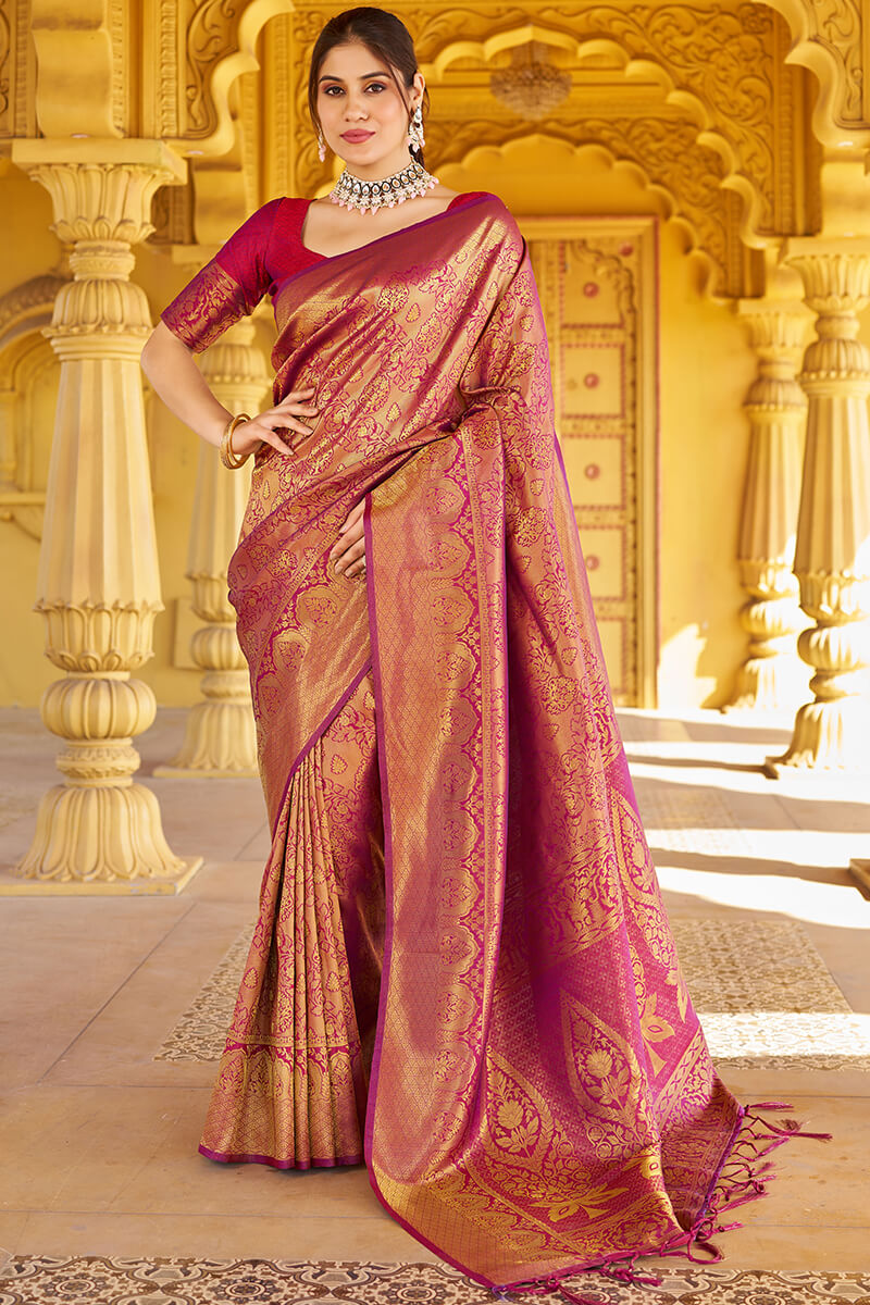Beleaguer Purple Kanjivaram Silk Saree With Embrocation Blouse Piece - Surats Fabric
