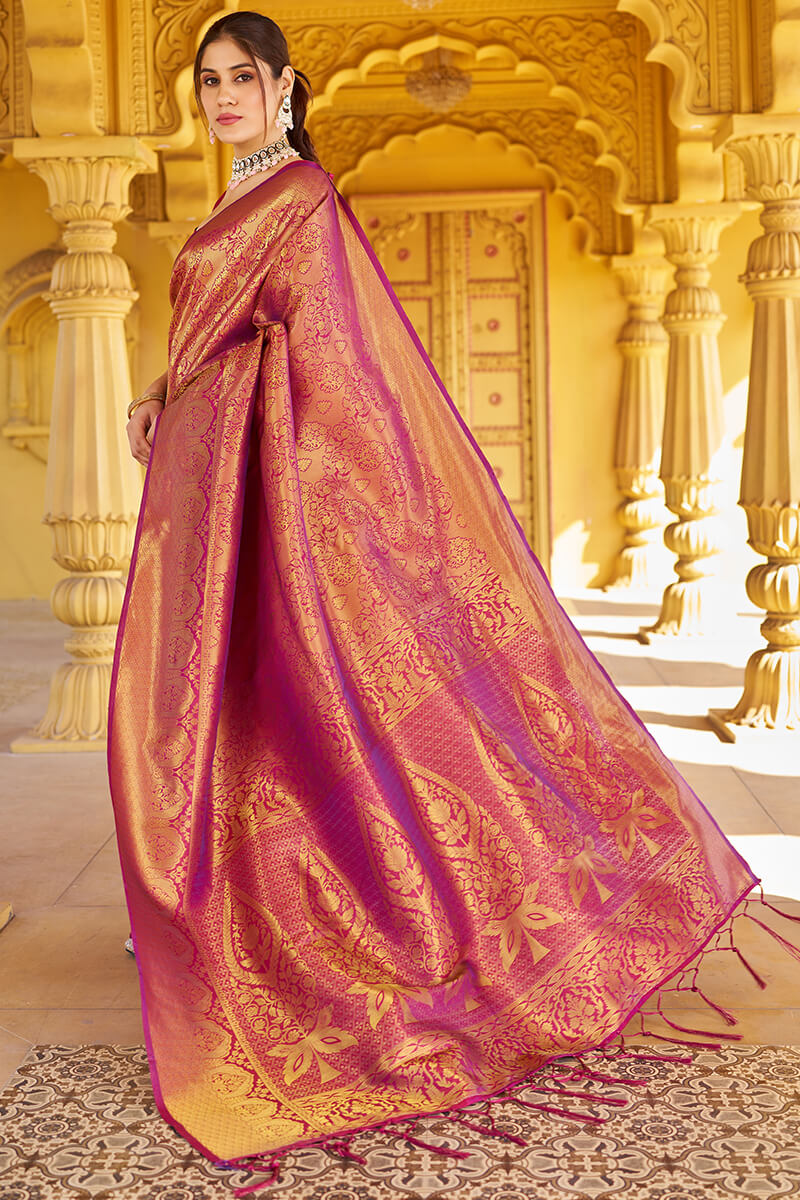 Beleaguer Purple Kanjivaram Silk Saree With Embrocation Blouse Piece - Surats Fabric