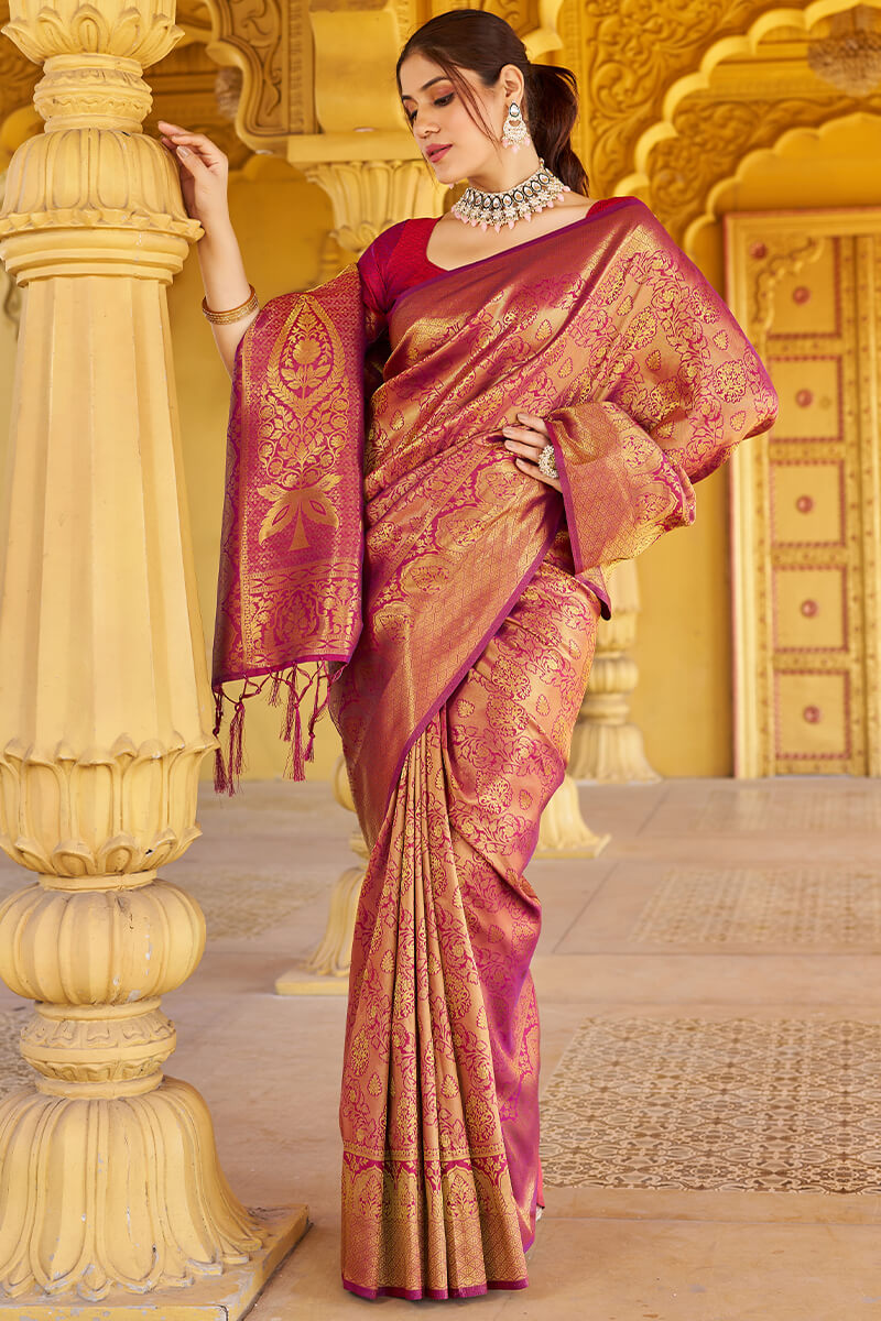 Beleaguer Purple Kanjivaram Silk Saree With Embrocation Blouse Piece - Surats Fabric