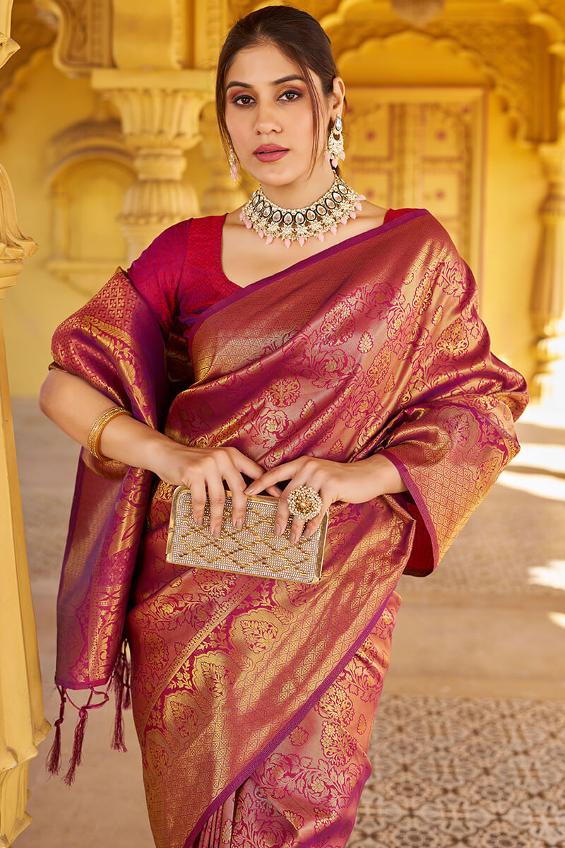 Beleaguer Purple Kanjivaram Silk Saree With Embrocation Blouse Piece - Surats Fabric