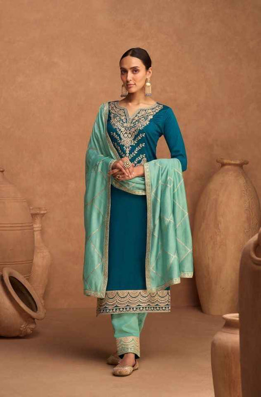 Teal Blue Straight Cut Palazzo Suit