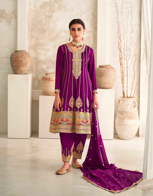 Purple Premium Silk Anarkali Suit with Embroidered Dupatta