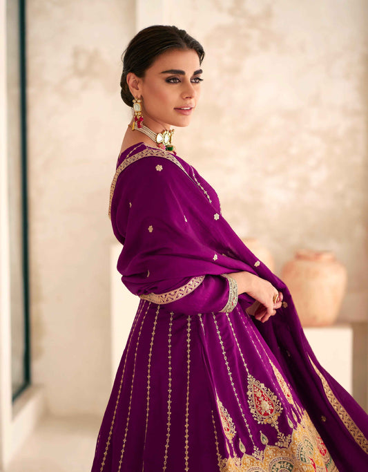 Purple Premium Silk Anarkali Suit with Embroidered Dupatta