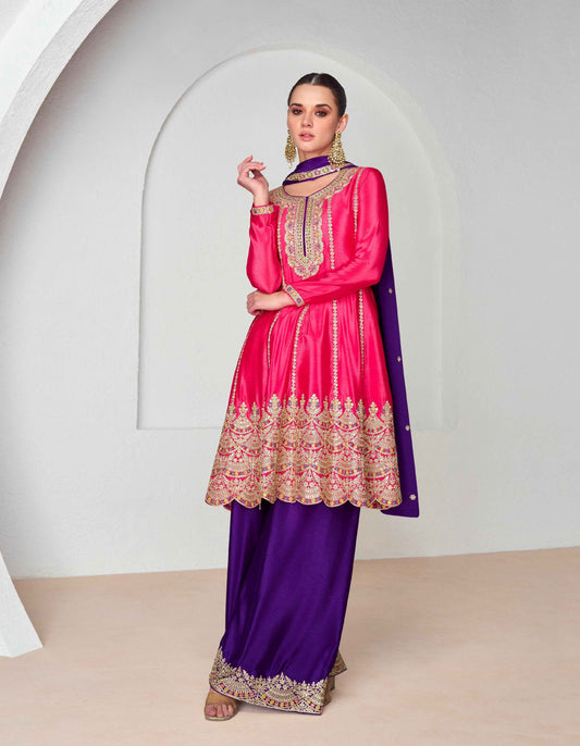 Pink and Purple Chinnon Silk Palazzo Suit with Embroidered Dupatta