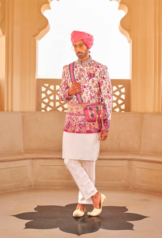 Trending: Exquisite Foil Print Designer Sherwani Suit Ensemble