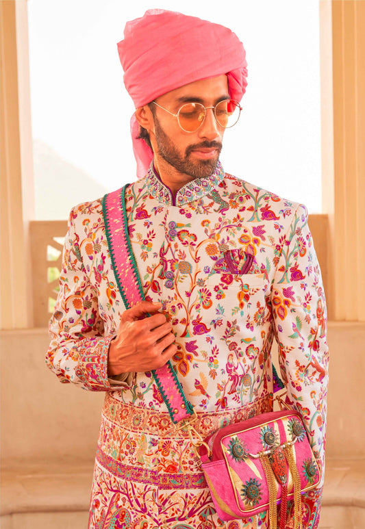 Trending: Exquisite Foil Print Designer Sherwani Suit Ensemble