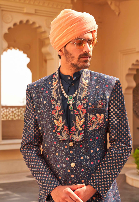 Exquisite Designer Sherwani Suit: P.V Silk with Foil Print