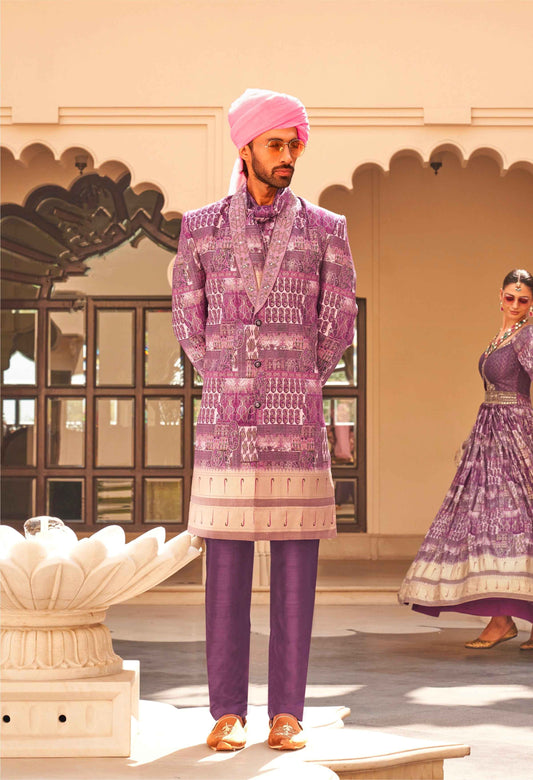 Luxurious Designer Sherwani Suit: P.V Silk with Foil Print