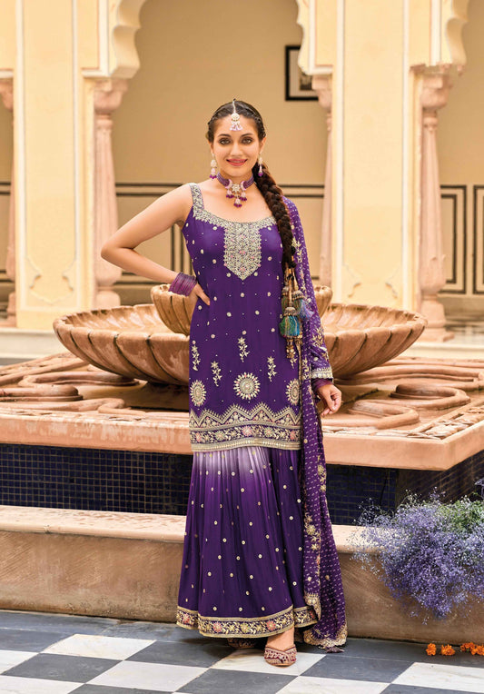 Purple Heavy Chinon Embroidered Palazzo Suit with Digital Print Dupatta