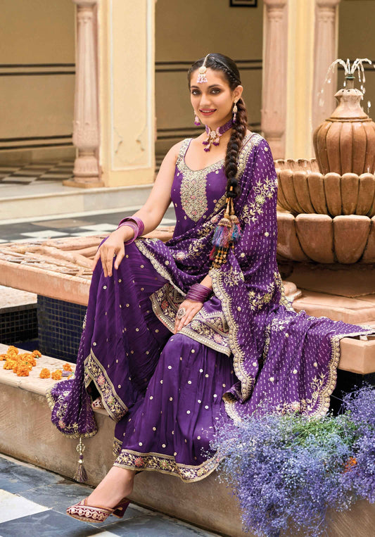 Purple Heavy Chinon Embroidered Palazzo Suit with Digital Print Dupatta