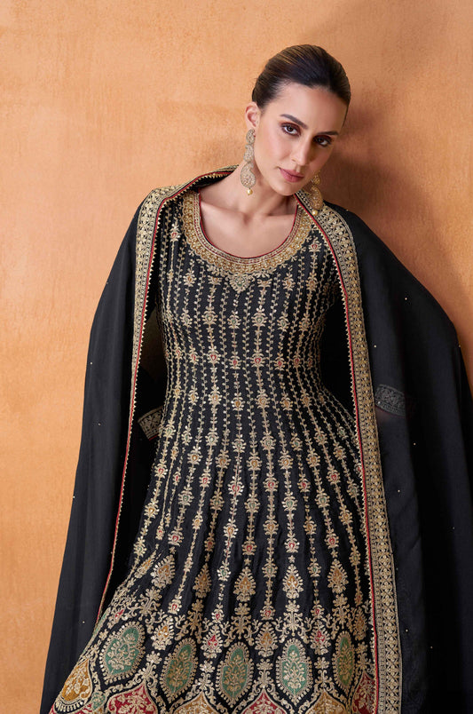 Black Real Chinon Sharara Set with Gold and Red Embroidery
