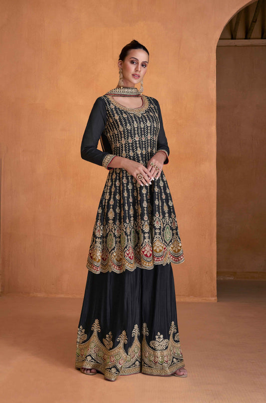 Black Real Chinon Sharara Set with Gold and Red Embroidery