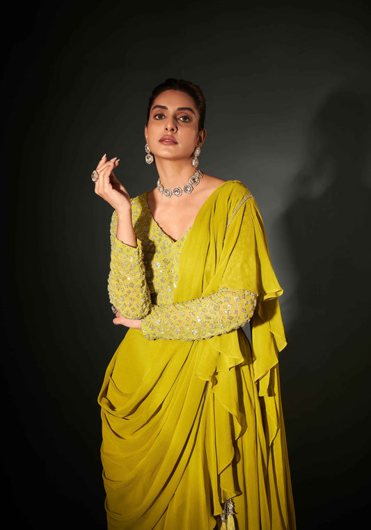 Lime Green Ready-to-Wear Georgette Saree with Handwork Blouse