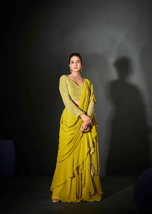 Lime Green Ready-to-Wear Georgette Saree with Handwork Blouse