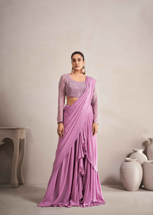 Onion Pink Ready-to-Wear Georgette Saree with Beads and Sequence Work