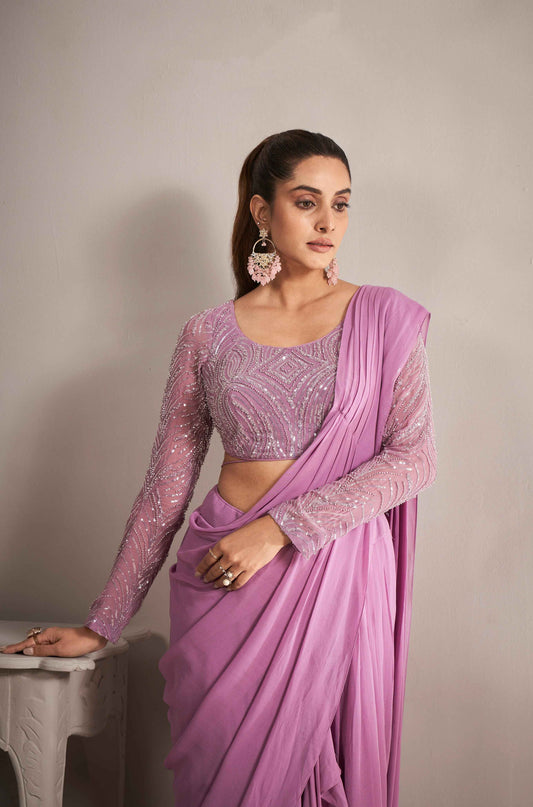 Onion Pink Ready-to-Wear Georgette Saree with Beads and Sequence Work