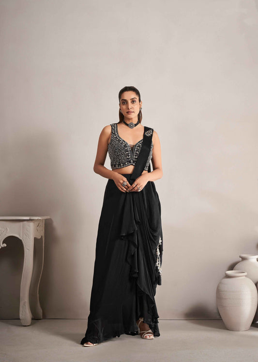 Black Ready-to-Wear Georgette Saree with Mirror and Beads Work