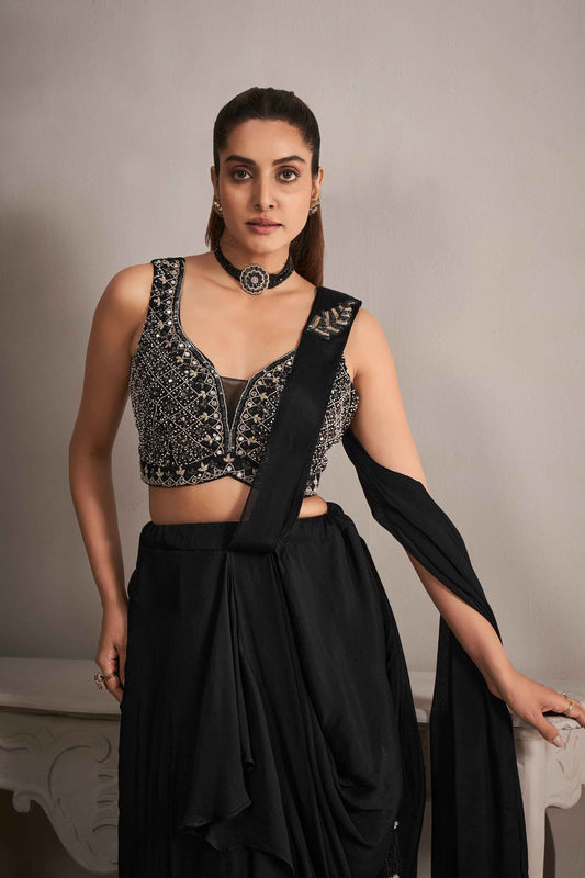 Black Ready-to-Wear Georgette Saree with Mirror and Beads Work