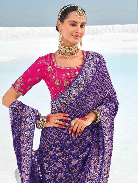 Purple Bandhani Patola Saree with Zari Borders & Dual Blouses