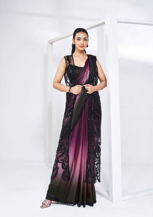Plum Black Ready-to-Wear Satin Silk Saree with Handwork and Jacket