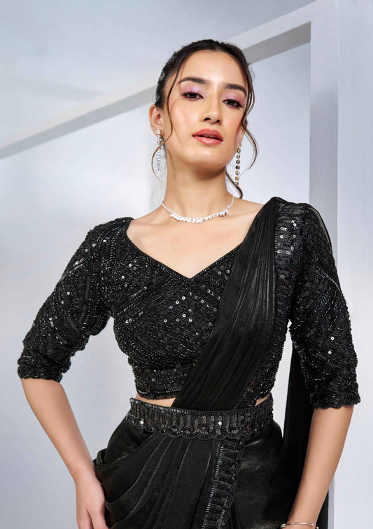 Black Satin Silk Ready-to-Wear Saree with Pure Handwork