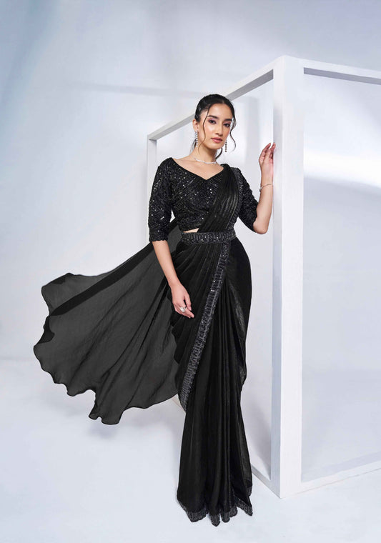 Black Satin Silk Ready-to-Wear Saree with Pure Handwork