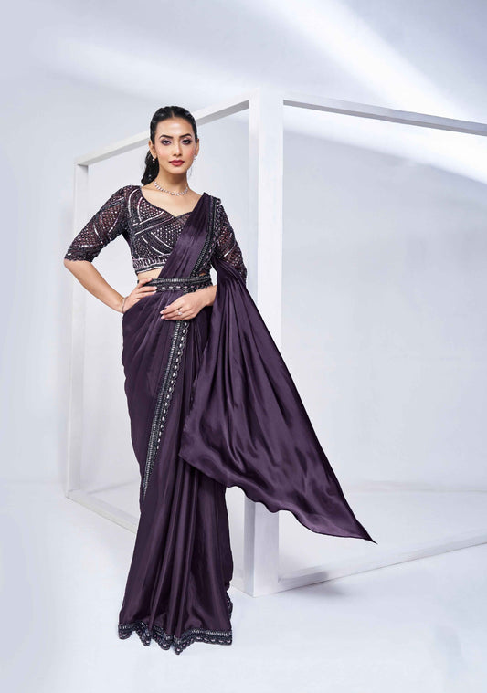 Purple Ready-to-Wear Crepe Satin Silk Saree with Hand Embroidery