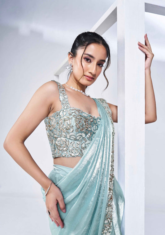 Sky Blue Ready-to-Wear Satin Silk Saree with Pure Handwork & Poncho