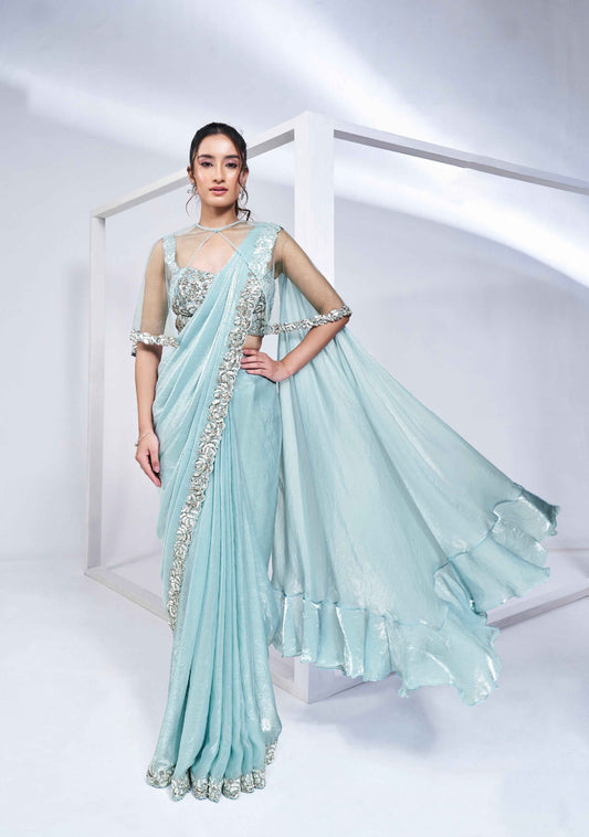 Sky Blue Ready-to-Wear Satin Silk Saree with Pure Handwork & Poncho