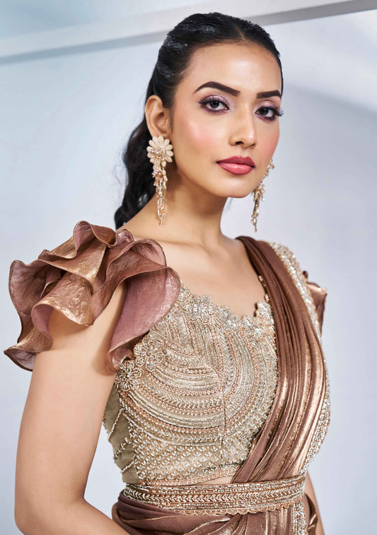 Gold Ready-to-Wear Satin Silk Saree with Intricate Hand Embroidery