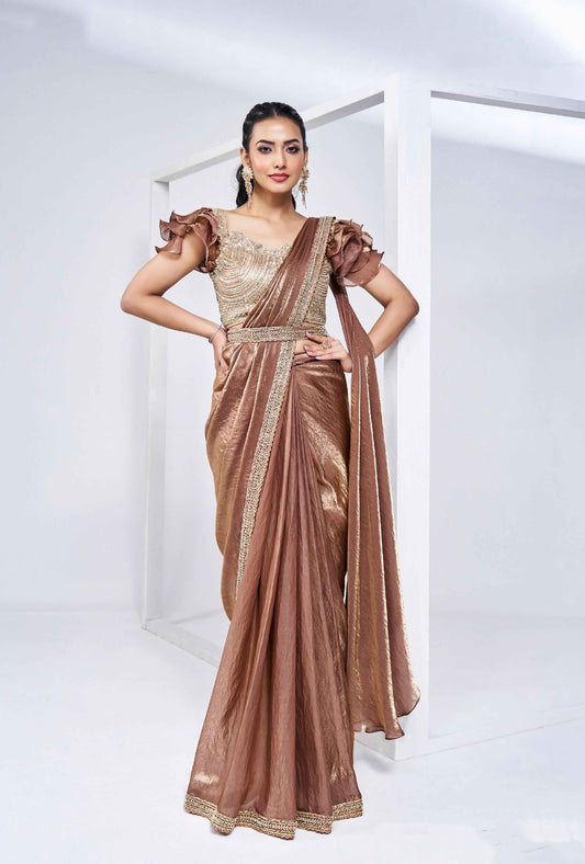 Gold Ready-to-Wear Satin Silk Saree with Intricate Hand Embroidery