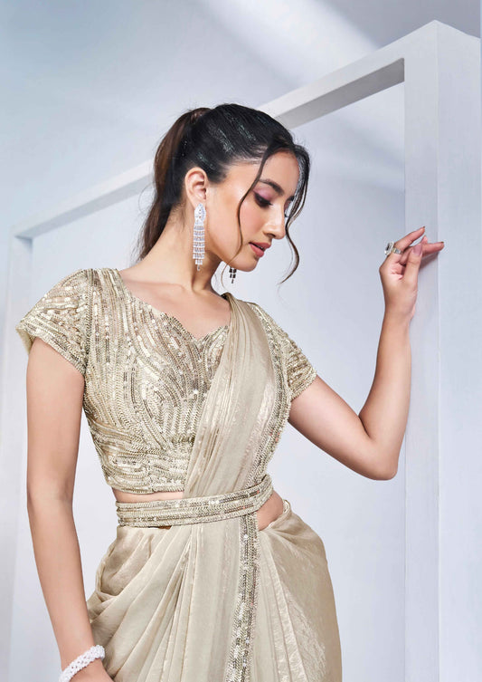 Beige Ready-to-Wear Saree with Embellished Blouse