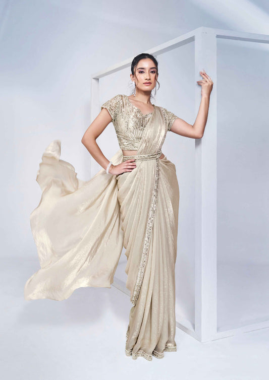 Beige Ready-to-Wear Saree with Embellished Blouse