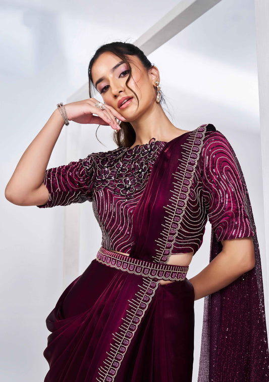Rich Wine Ready-to-Wear Saree with Velvet Embroidered Blouse