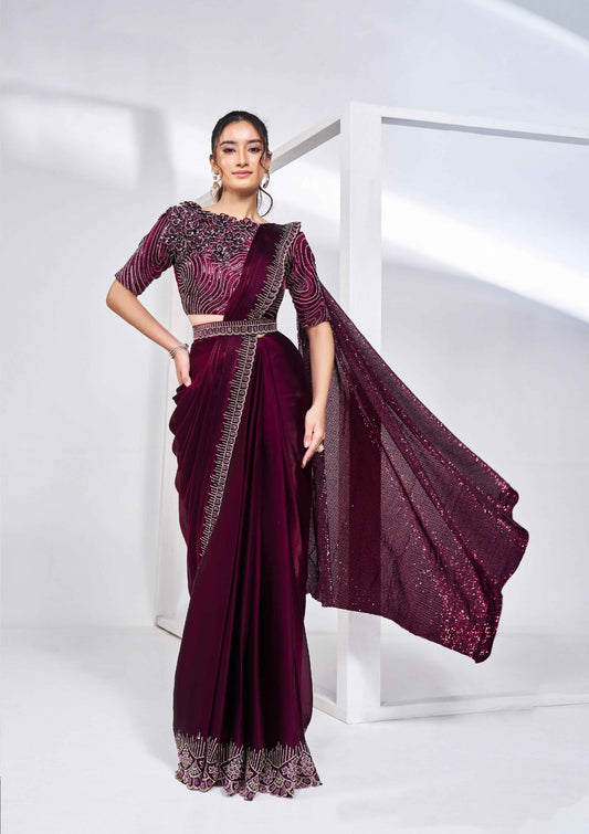 Rich Wine Ready-to-Wear Saree with Velvet Embroidered Blouse