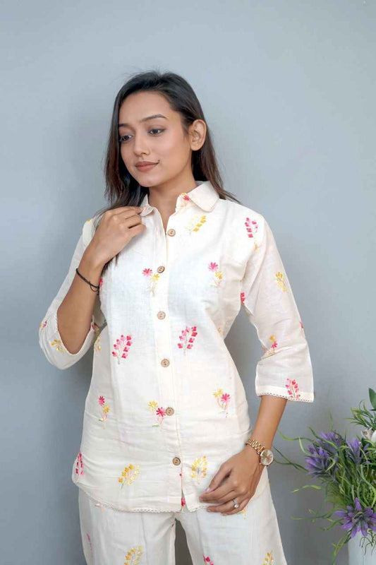 White Pure Soft Cotton With Embroidery Work Co-ord Set